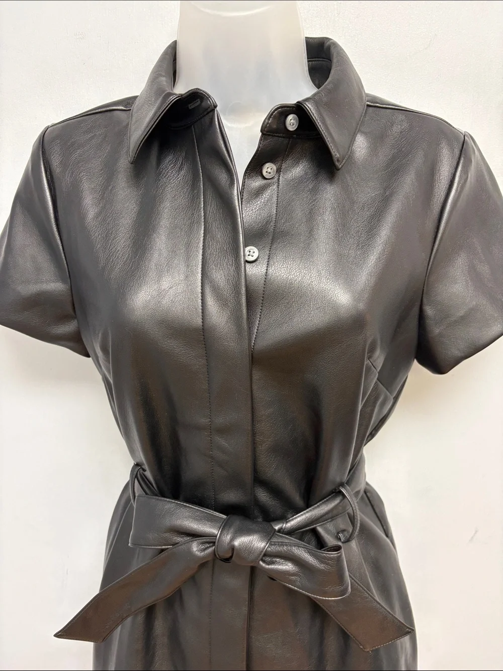 J. Crew Faux Leather Shirt Dress Black Belted Midi Dress Size 2 NWT